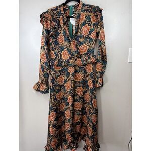 NWT Boohoo Tiger Print/Floral Teal Ruffled Sleeve Dress Size 8